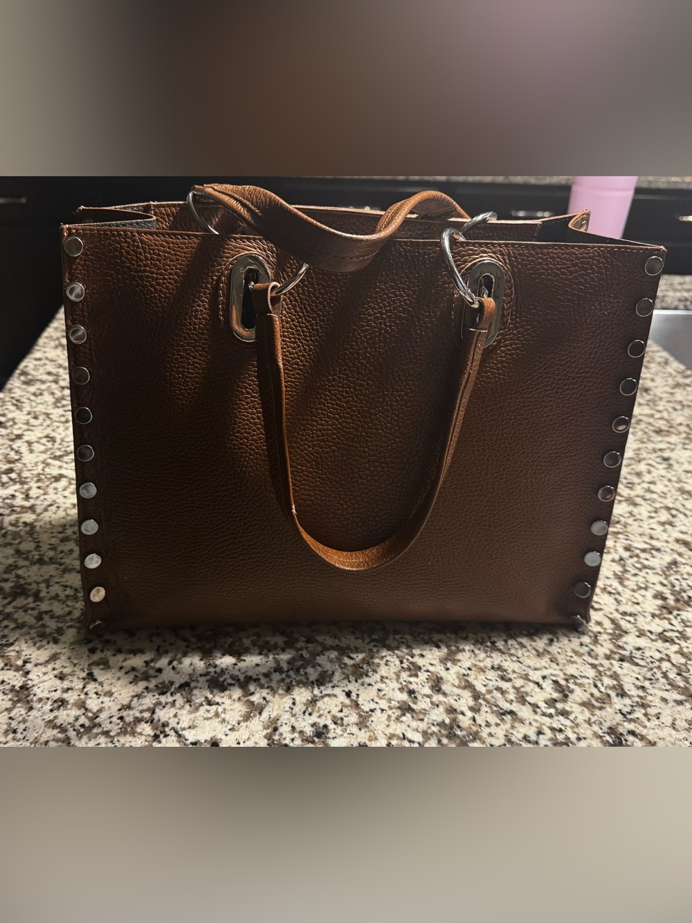 Andrea Cardone Structured Brown Tote with Silver Stud Accents